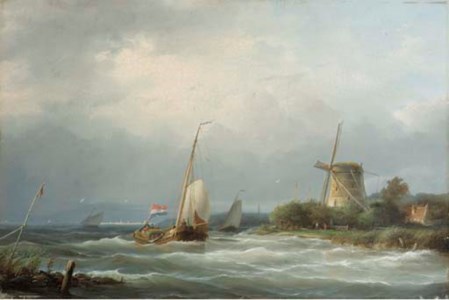 A sailing barge entering a waterway
