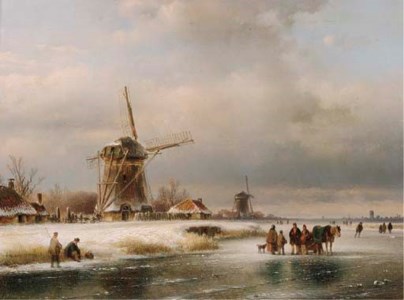 Figures on a frozen waterway with windmills on the river bank