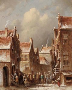 A busy street in a Dutch town in winter
