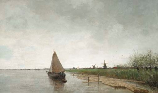 A river landscape with vessels, a city beyond