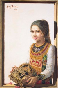 Girl holding an elaborate headdress