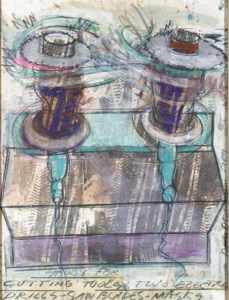Study for cutting tools: two electric drill - saw blades - masks