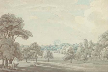 A view of Goldsbro Grounds, Yorkshire, from the house, the two chimneys of Ribstone seen over the woods in the distance