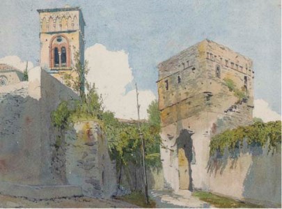A gateway to an Italian town, a church beyond