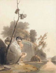 An African Korah chieftain's daughter, wearing an animal skin, crouching by a river