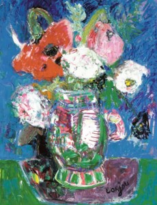 Vase avec fleurs rouge et blanc
