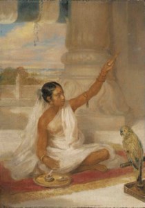 A Hindu girl seated cross-legged spinning watched by a parrot