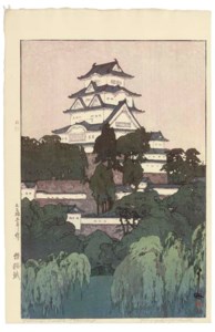 Himeji-jo/Himeji Castle - Morning , from the series Sakura hachirai (Eight views of cherry blossoms), 1926 Seto naikai Kura /Kura in Tomoura , 1930 Shiomachi/Waiting for the Tide , from the Inland Sea-Second Series , 1930 Miho/Fujiyama from Miho , 1935