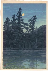 Sampoji ike (Shakujii) (Sampoji Pond [Shakujii]), 1930.10 Nikko kaido (The Nikko highway), 1930 Kyoto Chion'in (Chion'in Temple, Kyoto), from the series Nihon fukei shu Kansai hen (Collection of scenic views of Japan: Kansai), 1933.8 Hokkaido Toyako (Lake Toya, Hokkaido), from the series Nihon fukei shu higashi Nihon hen (Collection of scenic views of Japan: Eastern Japan), 1933.11 Byodoin no yu (Evening at Byodoin Temple), 1950