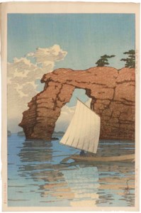 Matsushima Zaimokuto (Zaimoku island, Matsushima), from the series Nihon fukei shu higashi Nihon hen (Collection of scenic views of Japan: Eastern Japan), 1933.5 Chuzenji Utagahama (Chuzen Temple, Utagahama), 1931 Byodoin no yu (Evening at Byodoin Temple), 1950 Kabukiza (The Kabuki theater), 1951 Otemon haru no yugure (Spring evening, Ote Gate), 1952