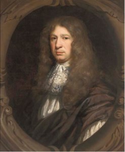 Portrait of Sir John Streynsham Master (1640-1723), bust-length, in brown robes, sculpted cartouche