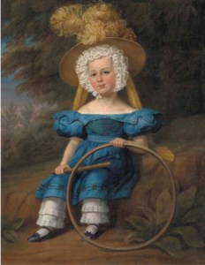 Portrait of a boy, seated full-length, in a blue dress and feathered hat, holding a hoop, in a landscape