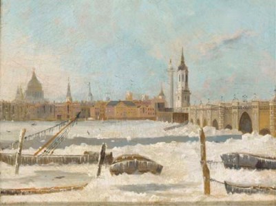 Old London Bridge with the Thames partially frozen