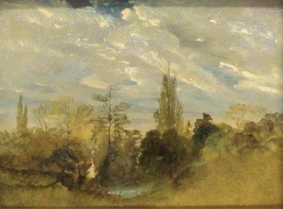 A cottage in a wooded river landscape