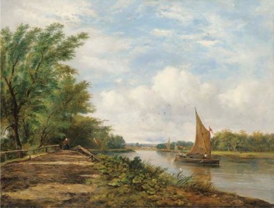 Barges on a river in a sunlit landscape