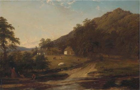 Figures by a river with cottages beyond