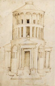 A circular basilica with frontal and lateral porticals and convex Chapels in between ( recto ); A standing woman in an elaborate dress, seen from the side ( verso )