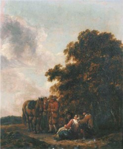 Travellers resting at the edge of a wood
