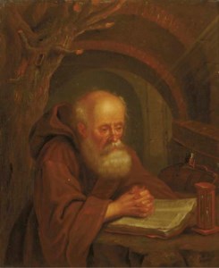 A hermit reading by a vaulted grotto