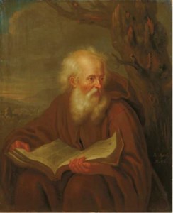 A hermit reading by a tree, a landscape beyond