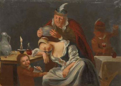 A tavern scene with a man teasing a sleeping woman