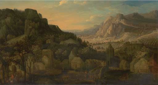 An extensive mountain landscape with travellers on a bridge in a village