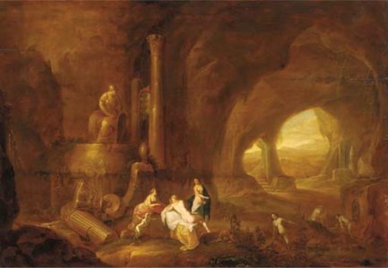 The interior of a grotto with nymphs bathing