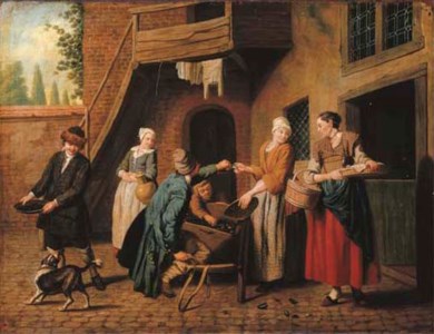 A courtyard in a town with a mussel seller and other figures