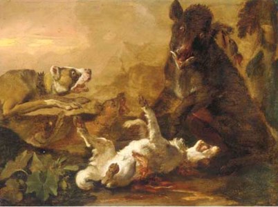 Dogs attacking a boar in a landscape