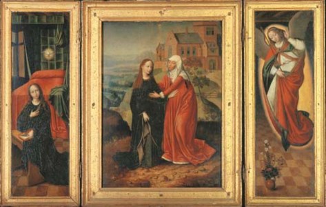 A triptych: central panel: The Visitation; left wing: The Virgin Annunciate; right wing: The Angel of the Annunciation