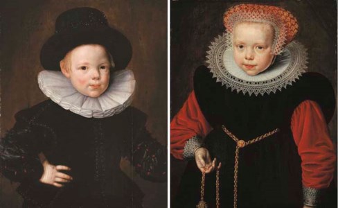 Portrait of Wouter Gael (1600-1639), aged four, half-length, in an embroided black doublet, white ruff and black hat; and Portrait of Marijke Gael (1598-1645), aged six, half-length, in a black gown over a red dress, with a white lace collar and cuffs and a lace-edged, gold-embroidered red head-dress, a gold pomander in her right hand