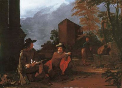 An artist sketching by a fountain