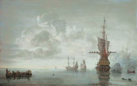 The squadron of Admiral Maarten van Tromp preparing to make sail, the flagship Aemilia firing a salute for the Admiral in his barge