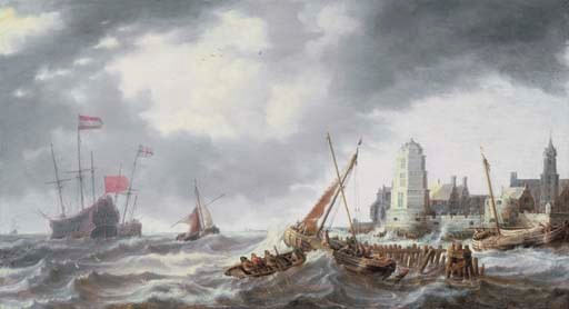 Frigates, smalschips and other shipping in a stiff breeze off a port