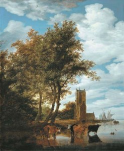 Salomon van Ruysdael, A river landscape with the Pellecussenpoort near Utrecht, five cattle wading in the foreground and boats moored at the tower beyond