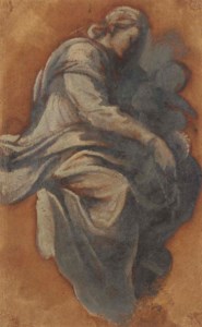 The Madonna and Child, in profile to the right, seated on a cloud