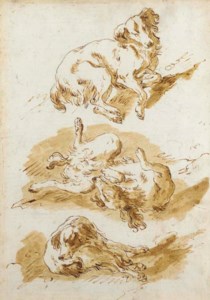 Three studies of a dog frolicking