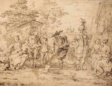 Les quatre âges de la vie : Seven figures in a garden, one digging with a spade