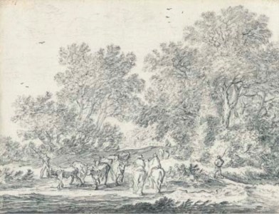 A woodland path with mounted travellers and herdsmen with cattle