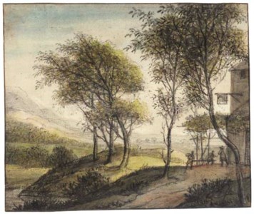 An extensive landscape with a tavern among trees to the right