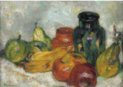 Still life of fruit and vases