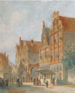 A cityscene with figures conversing