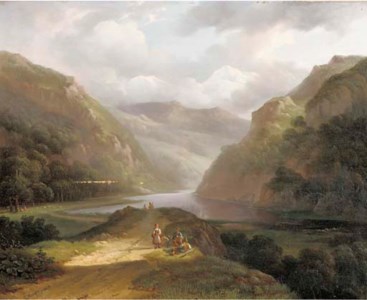 A mountain landscape with countrymen taking a break