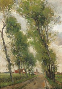 A treelined countryroad with a village in the distance