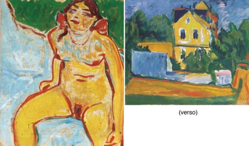 Erich Heckel, Sitzender weiblicher Akt (Ägyptisches Mädchen) (recto); Das weiße Haus, Moritzburg (verso)