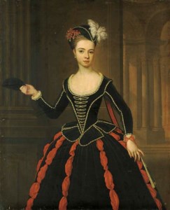 Portrait of the Hon. Mrs William Townshend, three-quarter-length, in black and red masquerade dress, holding a mask in her right hand, a classical arcade beyond
