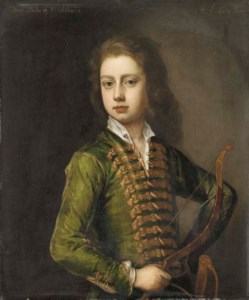 Portrait of a young gentleman, half-length, in a green coat, with gold frogging, holding a bow in his left hand