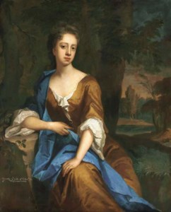Portrait of Dorothy Brudenell, Countess of Westmorland, three-quarter-length, seated in an ochre dress with a blue wrap, in an extensive wooded landscape