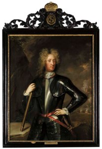 Portrait of the Duke of Schomberg, three-quarter-length, in armour, holding a baton in his right hand, in a landscape, a battle beyond