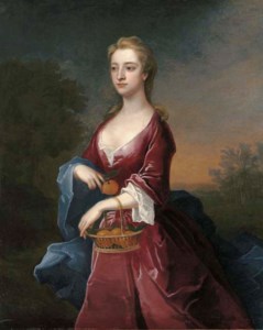 Portrait of the Hon. Mary Digby, three-quarter-length, in a maroon dress and blue wrap, holding a basket of oranges on her left arm, an orange in her right hand
